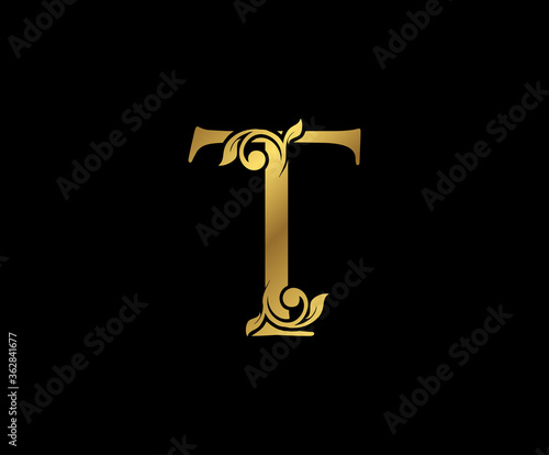 T Letter Floral Gold logo. Classy drawn emblem for book design, weeding card, brand name, business card, Restaurant, Boutique, Hotel.