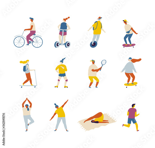 Fat Vector background people. Outdoor activity, healthy lifestyle- bicycle, yoga, skate, rollers, fitness, jogging, scooter, tennis, badminton, unicycle.