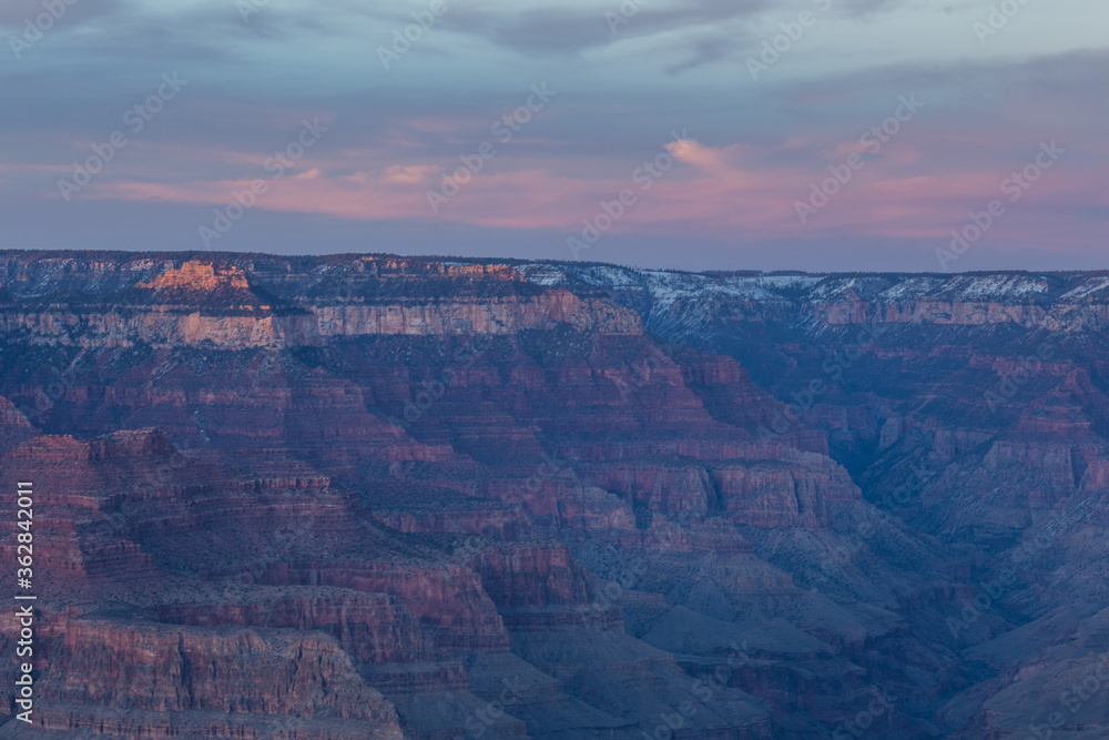 Grand Canyon at sunset, in Grand Canyon National Park, Arizona, winter time.