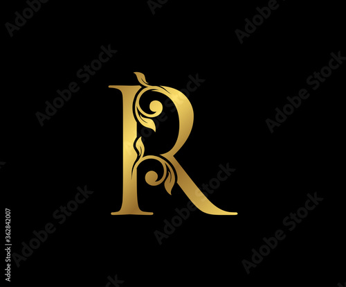 R Letter Floral Gold logo. Classy drawn emblem for book design, weeding card, brand name, business card, Restaurant, Boutique, Hotel.