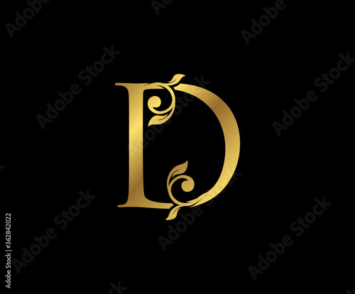 D Letter Floral Gold logo. Classy drawn emblem for book design, weeding card, brand name, business card, Restaurant, Boutique, Hotel.