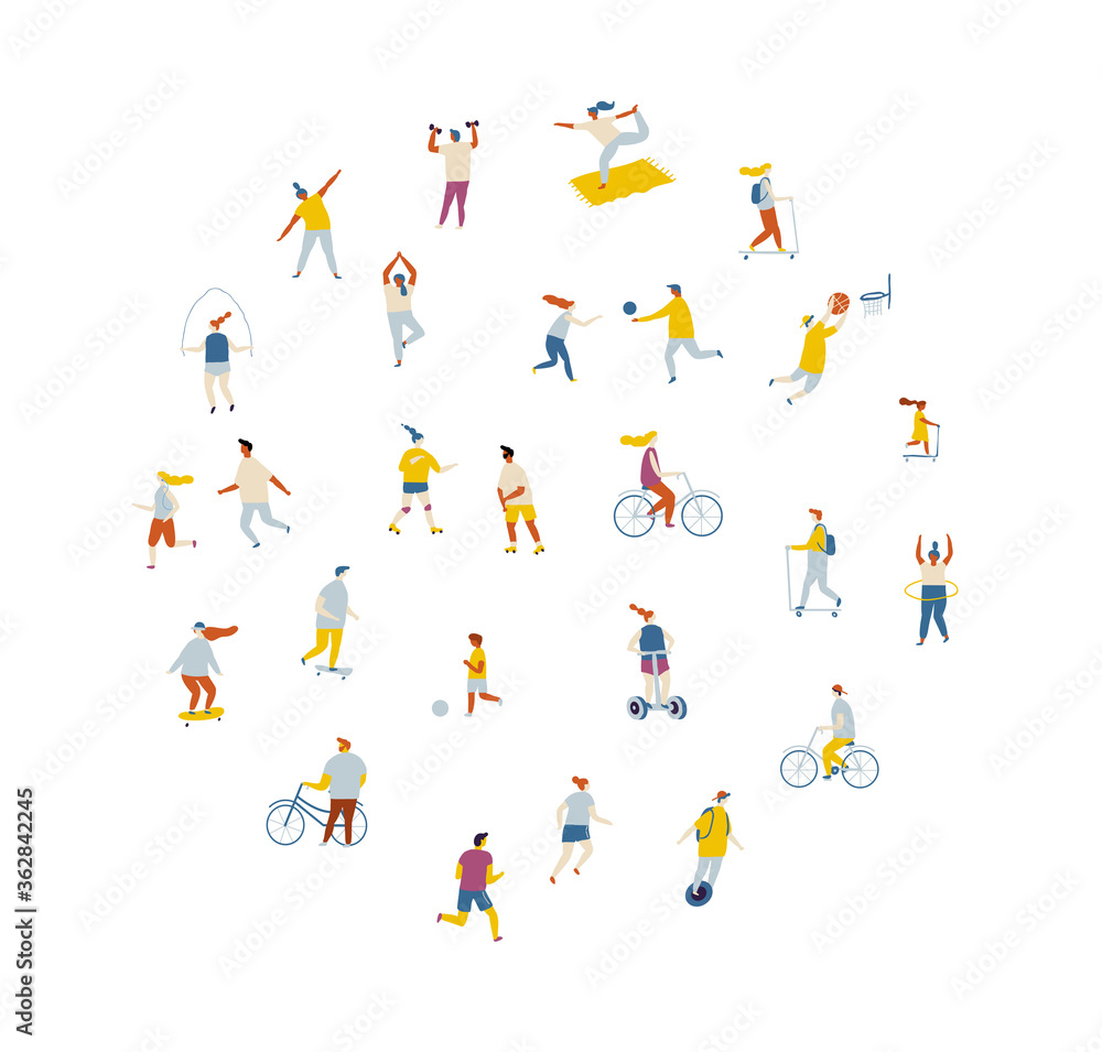Fat Vector background people. Outdoor activity, healthy lifestyle- bicycle, yoga, skate, rollers, fitness, jogging, scooter, tennis, badminton, unicycle.
