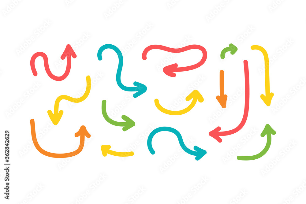 Fototapeta premium Set, collection of cute colorful cartoon style vector arrows.