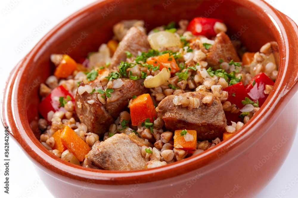 buckwheat with meat on white buckwheat with meat on white