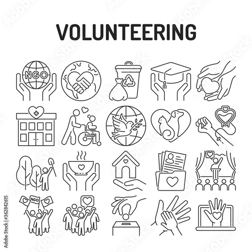 Volunteering black line icons set. Non profit community. Humanitarian aid. Signs for web page, mobile app, banner, social media.