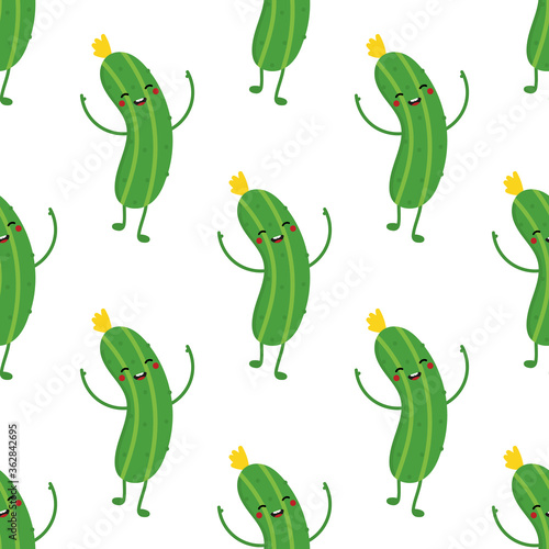 Vector seamless pattern background with cute cucumber cartoon character, smiling, dancing, having fun.