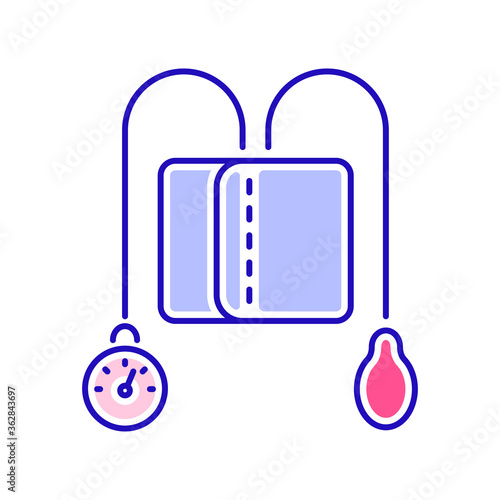 Blood pressure measuring device color line icon. High blood examination. Medical equipment. Outline pictogram for web page, mobile app, promo.