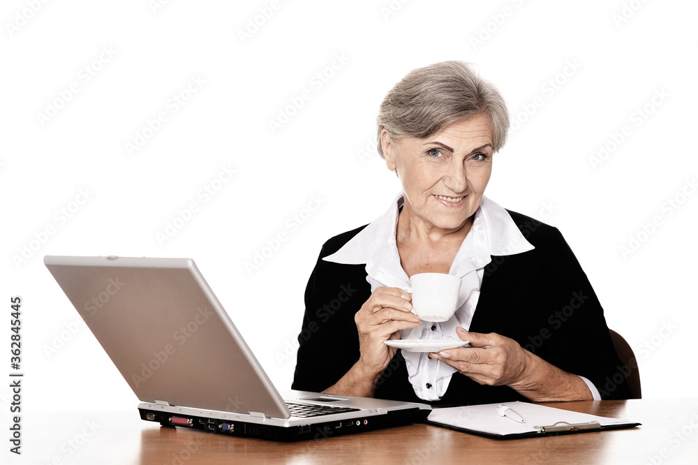 Woman working with laptop on white background Woman working with laptop on white background