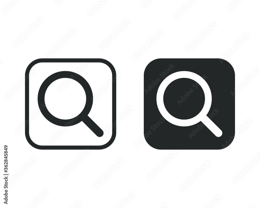 Magnifying glass icon. Search and zoom symbol. Magnify sign. Magnifier logo. Web application and interface square button. Vector illustration image. Isolated on white background. Magnifying glass icon. Search and zoom symbol. Magnify sign. Magnifier logo. Web application and interface square button. Vector illustration image. Isolated on white background.