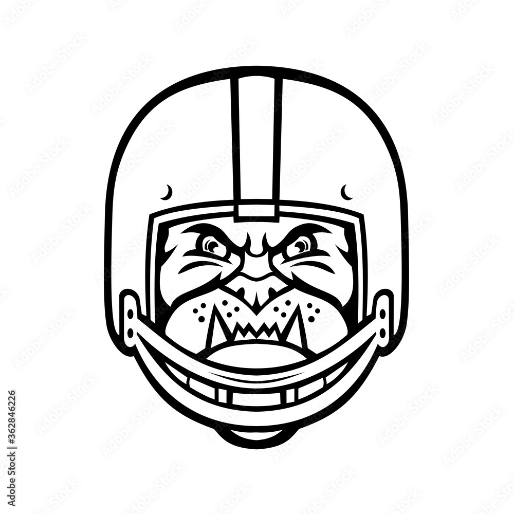 Bulldog Wearing American Football Helmet Front View Mascot Black and White Bulldog Wearing American Football Helmet Front View Mascot Black and White