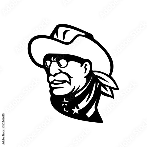 Head of American President Theodore Roosevelt Jr Side View Mascot Black and White