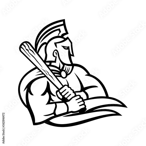 Spartan or Trojan Warrior With Baseball Bat Batting Mascot Black and White