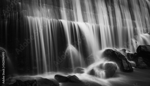 Waterfall black and white format in long exposure motion blur shot