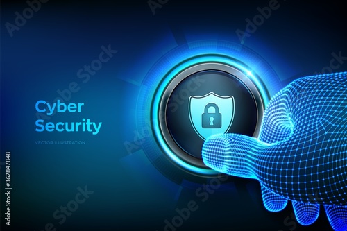 Cyber security. Protect and safe concept. Cyber data protection and information privacy. Closeup finger about to press a button with security shield symbol. Just push the button. Vector illustration.