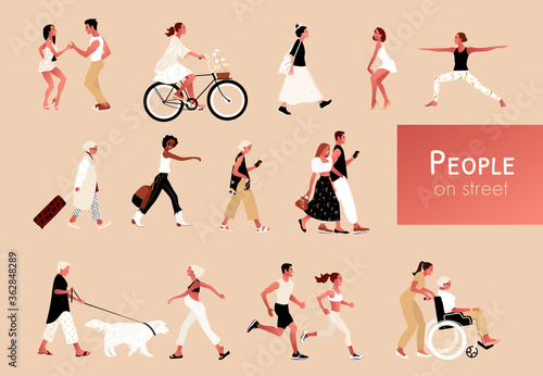 Crowd of tiny people. Young and elderly men and women, outdoor activities. Group of male and female cartoon characters walking, dancing, running, doing yoga, cycling. Flat vector illustration.