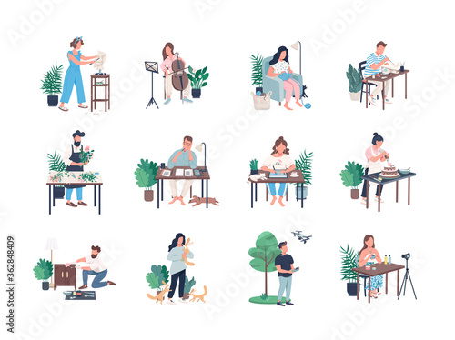 Creative hobby flat color vector faceless characters set
