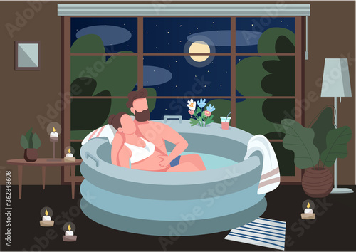 Expecting couple in tub flat color vector illustration