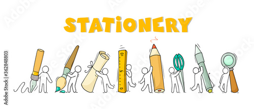 Office supplies set with working little people.