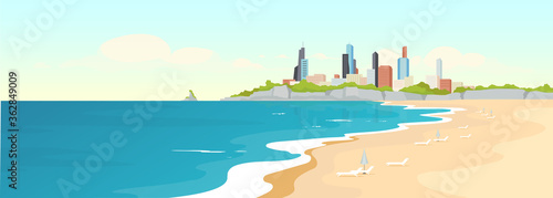 Sandy urban beach flat color vector illustration