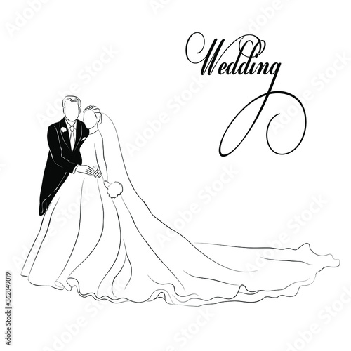 Vector illustration of a bride and groom standing. Image of a bride in a long dress. A linear sketch of a wedding couple. 