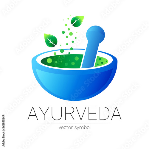 Ayurvedic Creative vector logotype or symbol. Mortar and pestle concept for business, medicine, therapy, pharmacy. Herbal ayurveda Logo Design for label. Simple bowl and leaves.