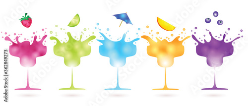 fruit falling into splashing colorful cocktails isolated on white background - vector illustration, concept of summer refreshments