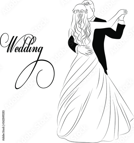 
Vector illustration of a dancing bride and groom. A linear sketch of a wedding couple.