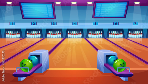 Bowling alley flat vector illustration. Cartoon empty bowling club interior with pin ball bowl sport game equipment on lane, scoreboard screen for gamer team competition, leisure activity background