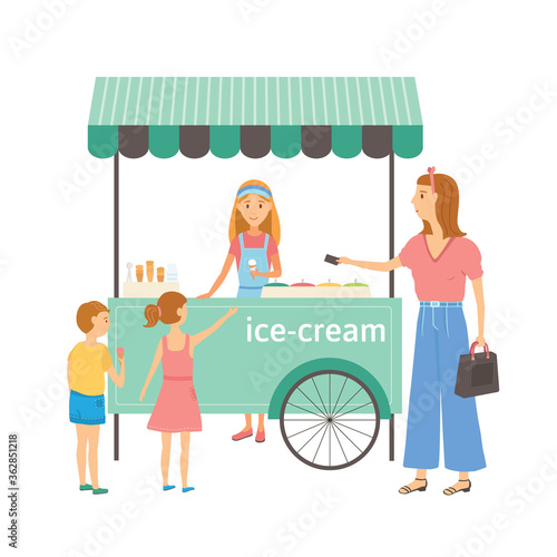 Vector flat illustration of woman and children who buy ice cream outdoor. Buyer and seller. Street market concept. Wheel ice cream kiosk. Boy and girl with mother enjoy their desserts.