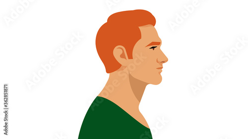 Redhead Man. A young, attractive man. Portrait side view. Modern illustration of a father, brother, uncle. Red-haired Irishman, Englishman, or Scot. White background.