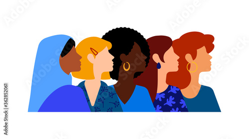 Group of beautiful women with different beauty, hair and skin color. The concept of women, femininity, diversity, independence and equality.