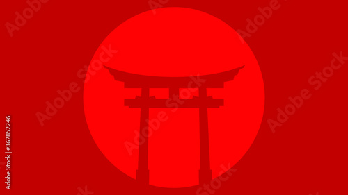 Torii. Traditional Japanese gate. Entrance to Shinto shrines. Silhouette on a red background.