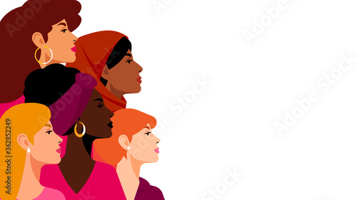 Multi-ethnic women. A group of beautiful women with different beauty, hair and skin color. The concept of women, femininity, diversity, independence and equality. Vector illustration. photo