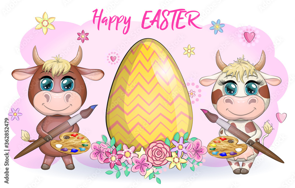 Naklejka premium Cute cartoon cow, a bull with an Easter egg, next to a basket of eggs, symbol 2021 on the eastern calendar.