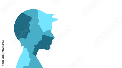 Silhouette of a little boy with the silhouettes of the adult faces Inside. The concept of family, upbringing, growing up, influence and education. Vector illustration with copy space.