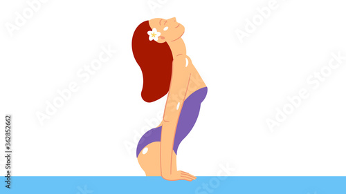 Portrait of a beautiful woman getting out of a swimming pool. Beautiful tanned female model posing. Outdoor summer template.