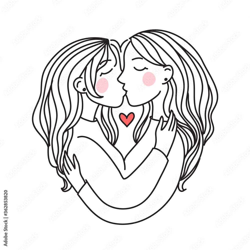 LGBT Lesbian family concept. Kiss and hug sticker. Vector illustration.