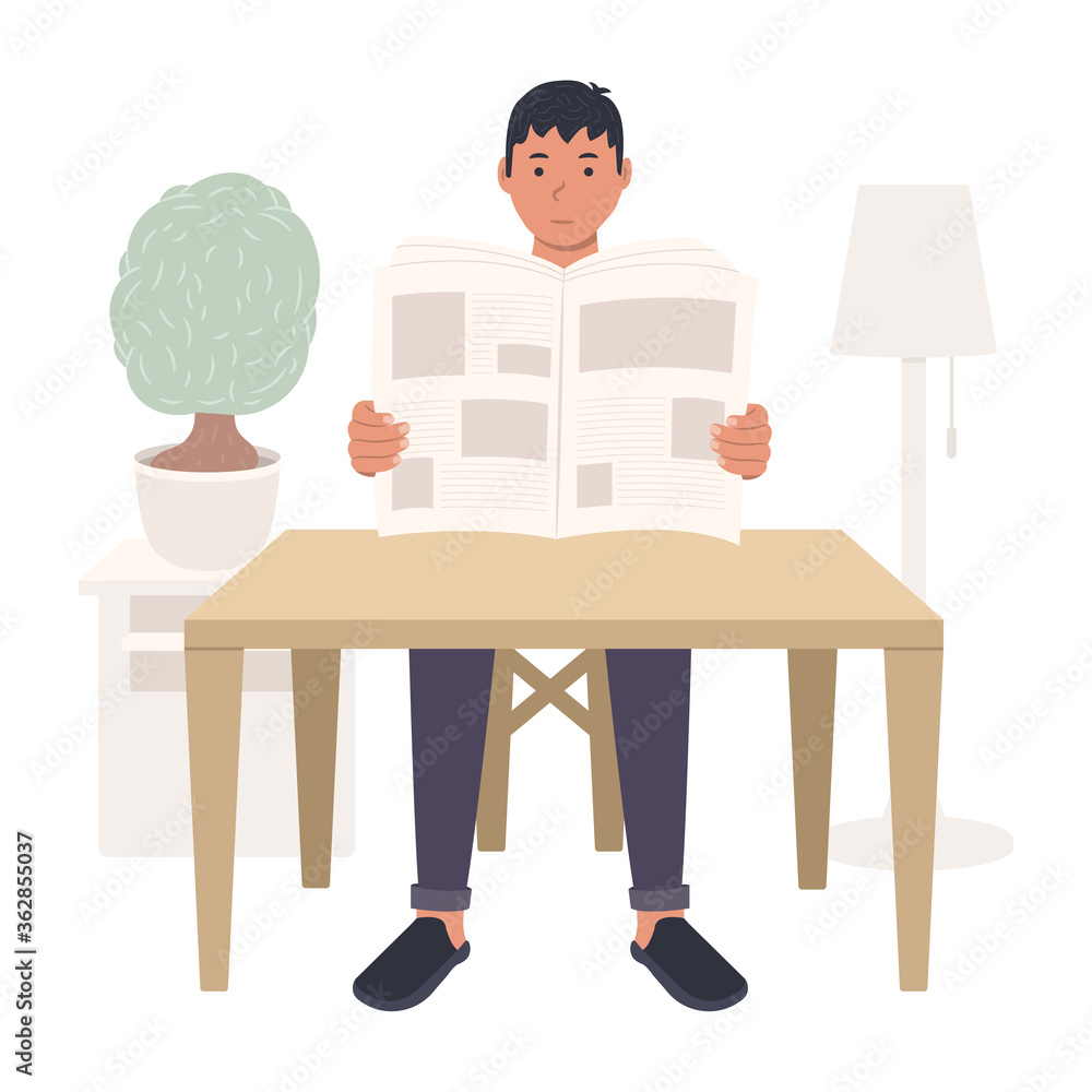 A young guy sits at a table and reads a newspaper, man reads a press or magazine flat vector illustration. Home furnishings and indoor plants. A young guy sits at a table and reads a newspaper, man reads a press or magazine flat vector illustration. Home furnishings and indoor plants.