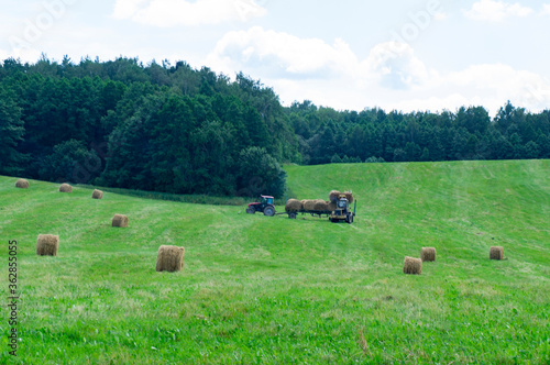 A tractor in an agricultural field harvests hay