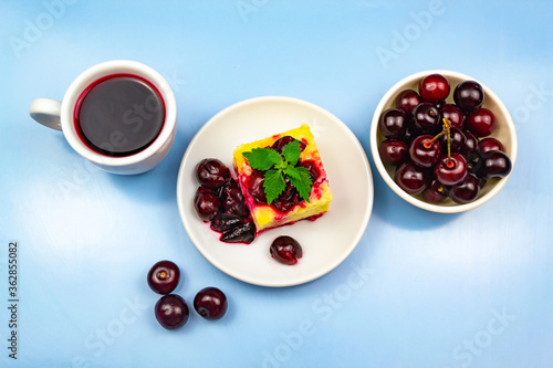 Cottage cheese casserole decorated with cherries