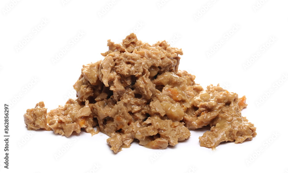 Cat food with chicken and carrot chunks pile isolated on white background Cat food with chicken and carrot chunks pile isolated on white background