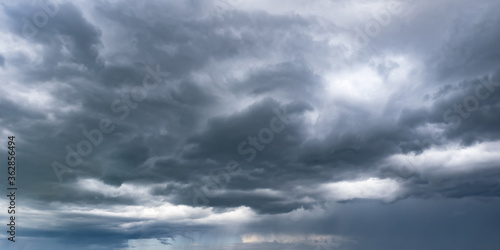 panorama of black sky background with storm clouds. thunder front