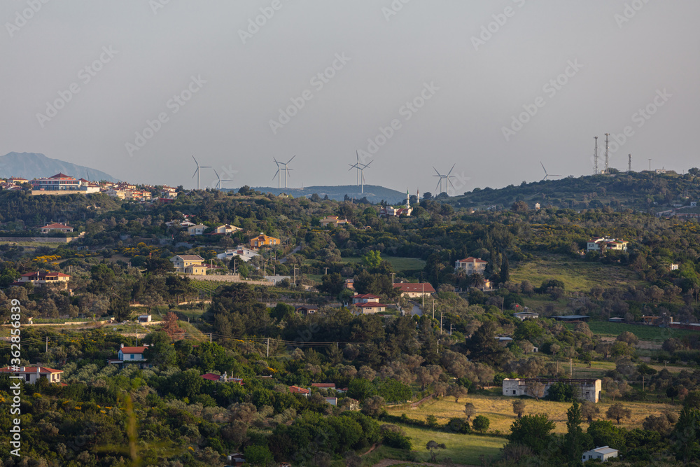 Wind Turbines over Mountains Urla Turkey