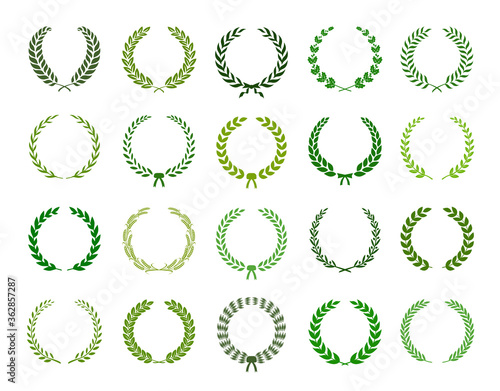 Set of green silhouette laurel foliate, wheat and olive wreaths depicting an award, achievement, heraldry, nobility. Vector illustration.