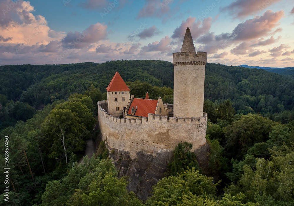 Aerial view of a medieval castle, Kokorin. Fortified palace with a tower and a wall standing on a hill covered by trees.Tourist spot. Castles in the Central Bohemian Region, Czech republic.