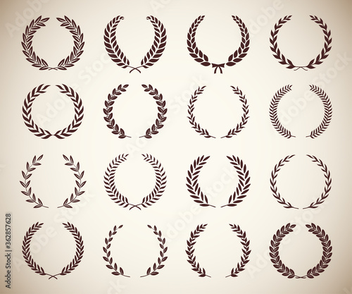 Collection of different vintage silhouette circular laurel foliate, wheat and oak wreaths depicting an award, achievement, heraldry, nobility. Vector illustration.