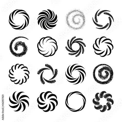Set of spiral swirl icons  twirl spiral circle  swirling circles  twist curve spiral. Abstract spirals and liquid twirls. Vector design elements.