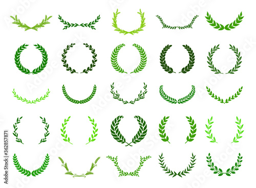 Set of green silhouette laurel foliate, wheat, oak and olive wreaths depicting an award, achievement, heraldry, nobility. Vector illustration.