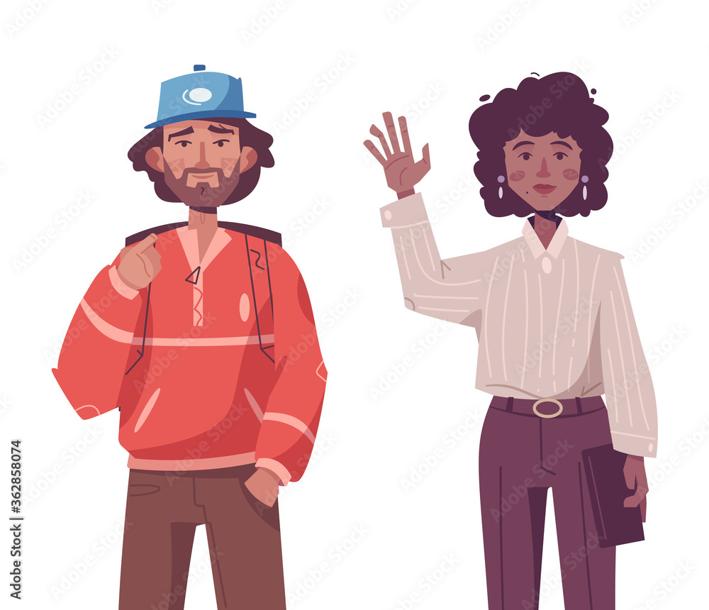 Young hipster man and woman wearing trendy outfits standing together