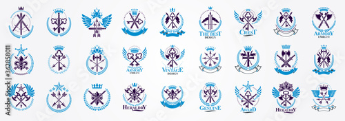 Vintage weapon vector logos or emblems, heraldic design elements big set, classic style heraldry military war armory symbols, antique knives compositions.